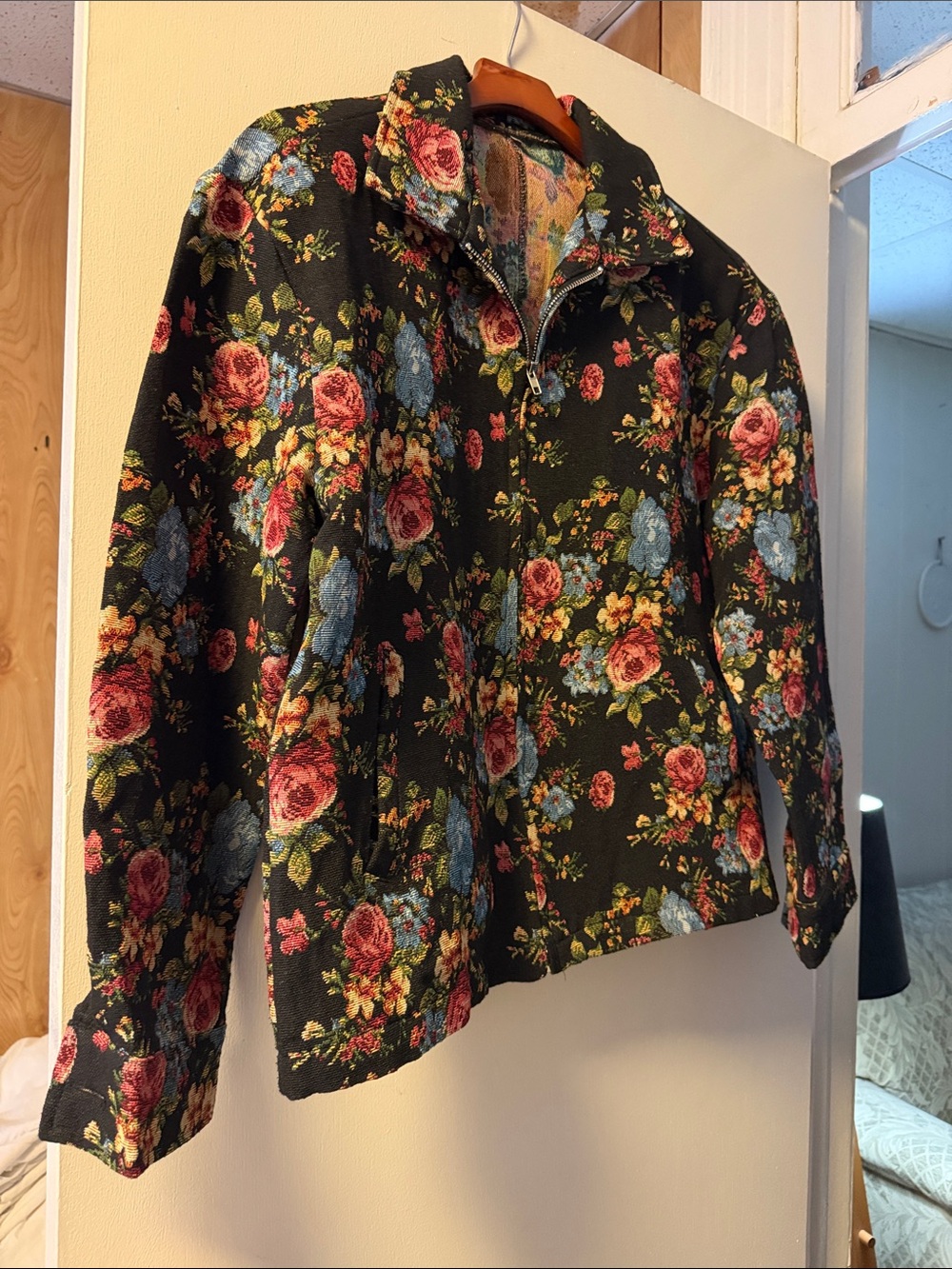 Men's Floral Zip Jacket - Black with Pink & Blue Flowers